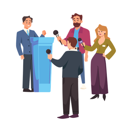 News reporters with microphone interviewing man press correspondents  Illustration