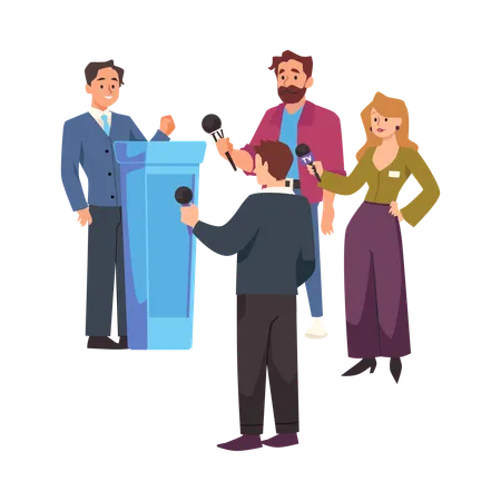 News reporters with microphone interviewing man press correspondents  Illustration