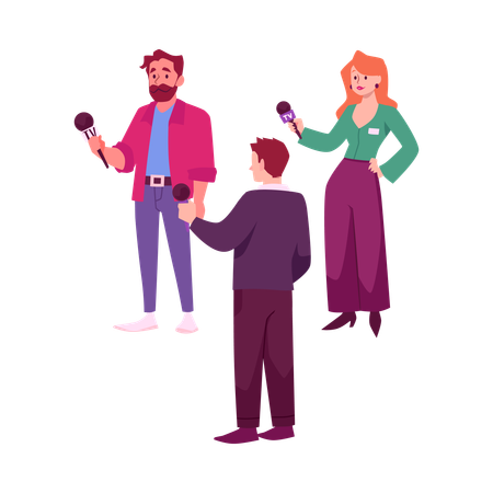 News reporters with microphone press correspondents, mass media  Illustration