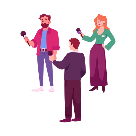 News reporters with microphone press correspondents, mass media  Illustration