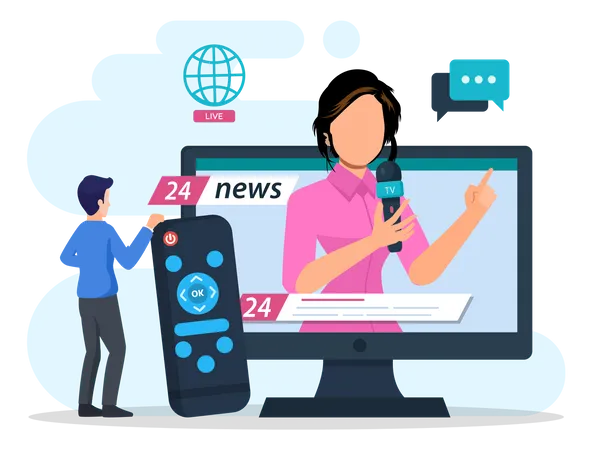 TV Presenter Concept Television Host In Studio Broadcaster Speaking On Camera Reporting News Flat Vector Illustration Illustration