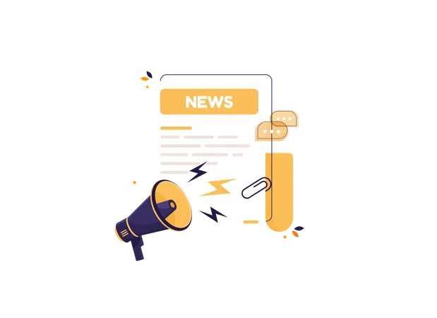 Newspaper With News With Megaphone Daily Or Weekly Breaking News Sheets Of Paper With Header Flat Design Icon In Cartoon Style Yellow Press Illustration