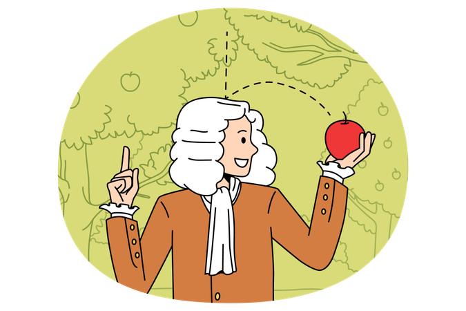 Newton scientist standing and exploring gravity with red fallen apple in hands  Illustration