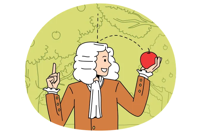 Newton scientist standing and exploring gravity with red fallen apple in hands  Illustration