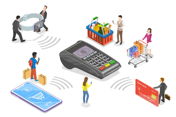 Flat Isometric Vector Concept Of Contactless Wireless Cashless Payment NFC Illustration