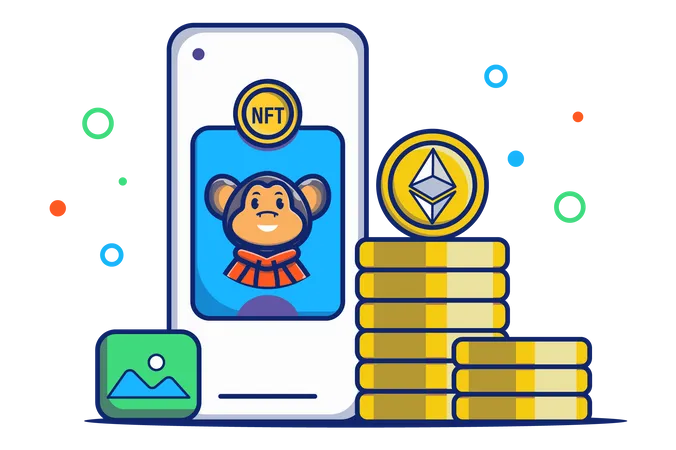 NFT Non Fungible Token Concept In Flat Outline Design Mobile Phone With Digital NFT Picture For Selling And Purchase Artwork With Bitcoins Payment Vector Illustration With Colorful Line Web Scene 일러스트레이션