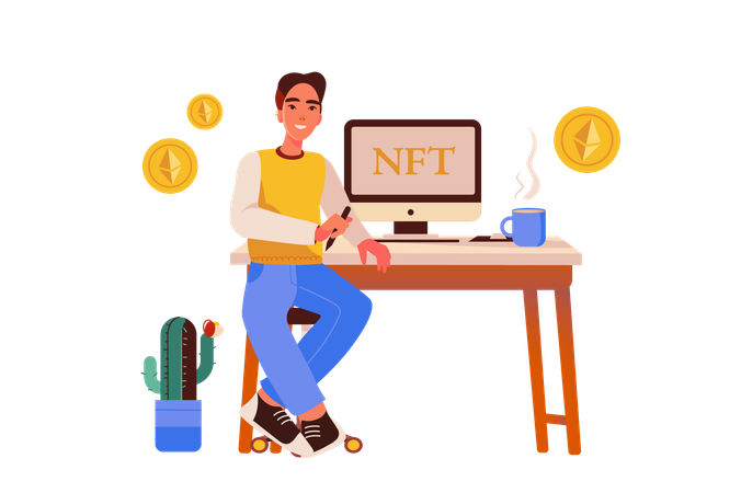 NFT concept with people scene in the flat cartoon design, The guy is engaged in NFT business,  Illustration