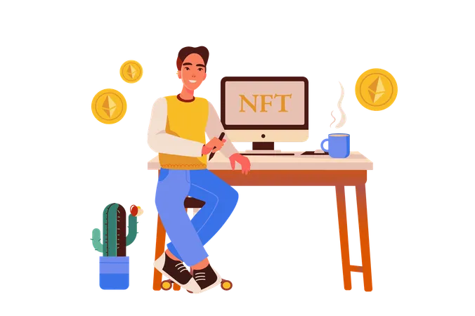 NFT concept with people scene in the flat cartoon design, The guy is engaged in NFT business,  Illustration