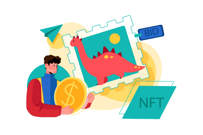 NFT-Investor bietet auf NFT-Kunst  Illustration