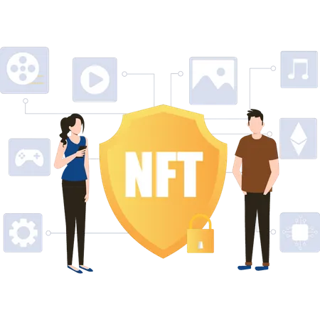 Boy And Girl Working On NFT Security Illustration