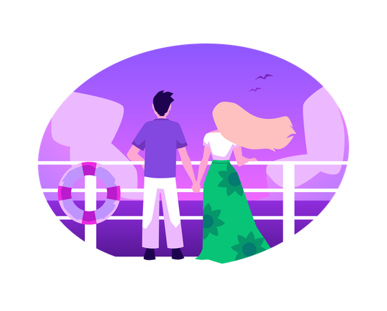 Nice couple enjoy summer seaside landscape on deck of luxury cruise  Illustration