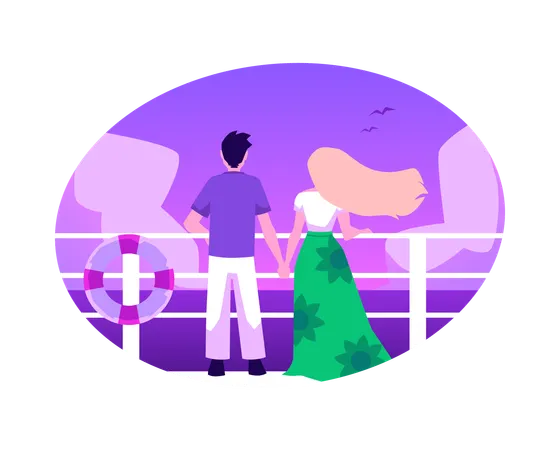 Nice couple enjoy summer seaside landscape on deck of luxury cruise  Illustration