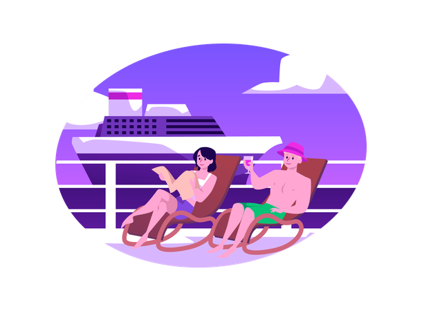 Nice couple resting sunbathing on deck of  luxury cruise  Illustration