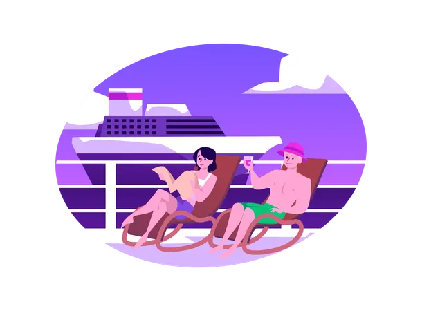 Nice couple resting sunbathing on deck of  luxury cruise  Illustration