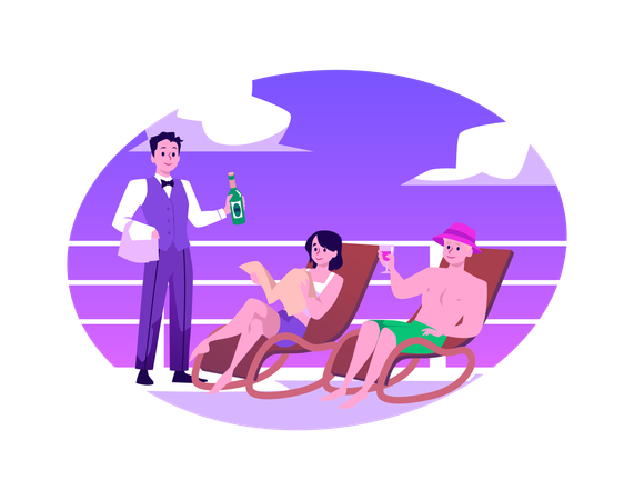 Nice couple resting sunbathing on deck of luxury cruise  Illustration
