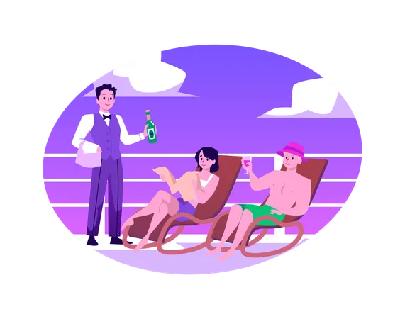Nice couple resting sunbathing on deck of luxury cruise  Illustration