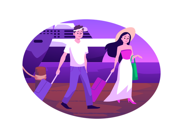 Nice couple with suitcases near ship's pier  Illustration
