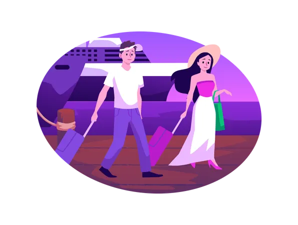 Nice couple with suitcases near ship's pier  Illustration