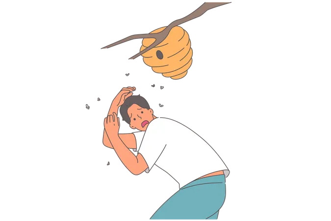 Nid d'abeilles en colère au-dessus d'un homme effrayé debout près d'une branche  Illustration