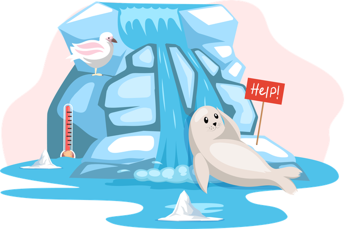 Niedliche Robbe und Polarmöwe auf Gletscher bitten um Hilfe  Illustration