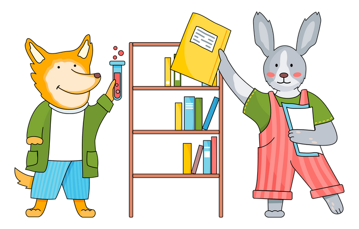 Niedlicher Fuchs hält Reagenzglas und Hase mit Notizbuch  Illustration