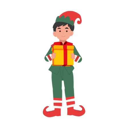 Niedlicher Weihnachtselfenjunge mit Geschenkschachtel  Illustration