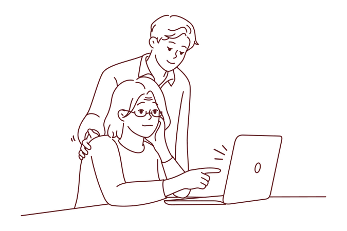 Nieto enseñando a la abuela a usar la computadora portátil  Ilustración