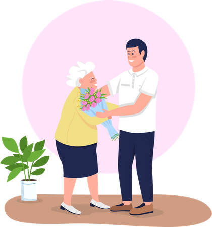 Nieto regalando flores a la abuela  Ilustración