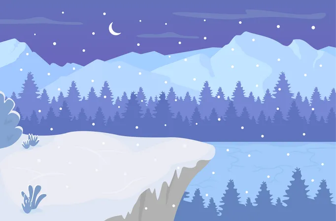 Noche En La Ilustracion De Vector De Color Plano De Lago Congelado Copos De Nieve Cayendo Sobre Las Colinas Del Bosque Paisaje Nevado De Dibujos Animados En 2 D En Invierno Con Cielo Nocturno Con Luna Creciente En El Fondo Ilustración
