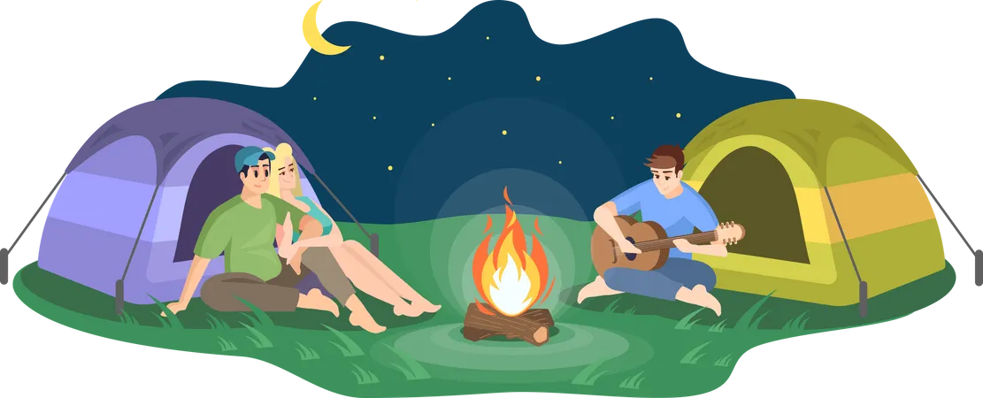 Night Camping Flat Vector Illustration Happy Couple And Man Playing Guitar Cartoon Characters Young Friends Sit By Campfire Musical Entertainment Summer Bonfire Rest Isolated On White Background Illustration