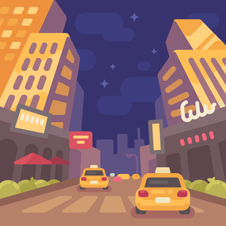 Night Modern City Street With Taxi Cars Low Perspective View  Illustration