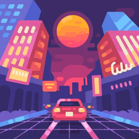 Night Neon City Street 1980s Style Flat Illustration  Illustration