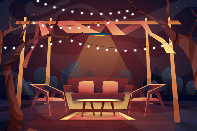 Night outdoor scene of sofa with cushions Illustration
