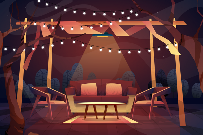 Night outdoor scene of sofa with cushions  Illustration