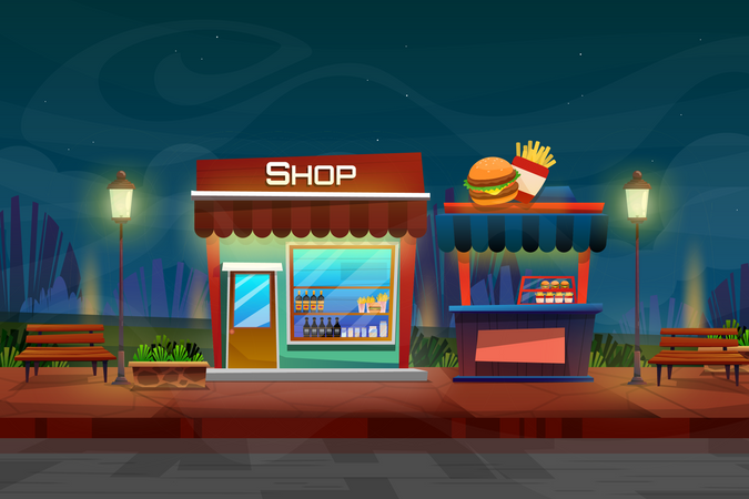 Night scene of burger shop Illustration