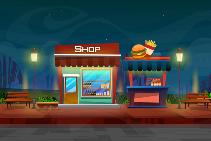 Night scene of burger shop  Illustration