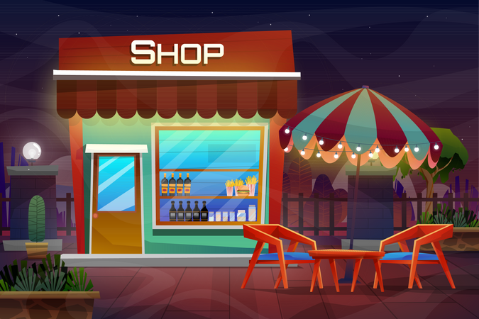 Night scene of coffee shop  Illustration