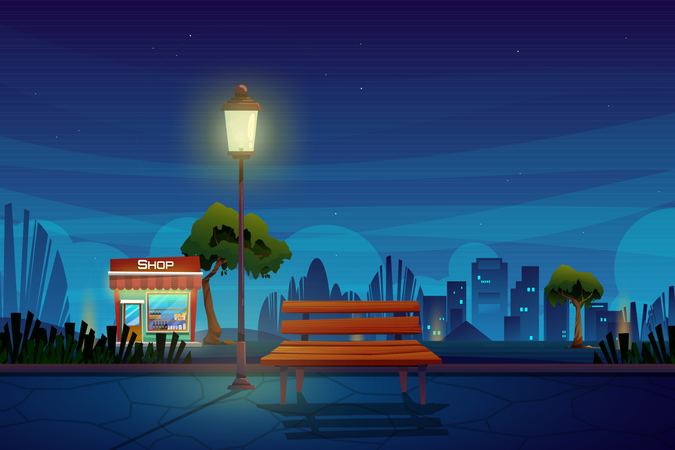 Night scene with beverage shop in park  Illustration