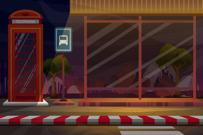 Night scene with Telephone booth near bus stop Illustration