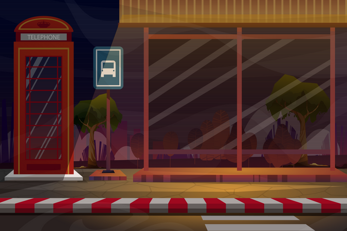 Night scene with Telephone booth near bus stop  Illustration