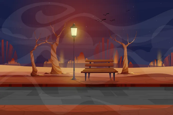 Night scene with wooden bench  Illustration