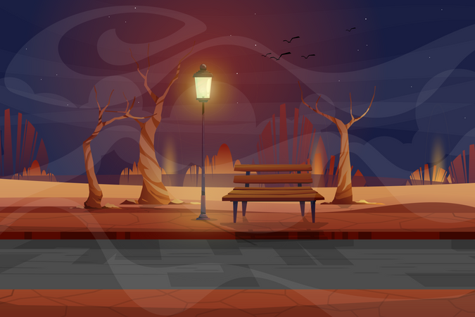 Night scene with wooden bench  Illustration