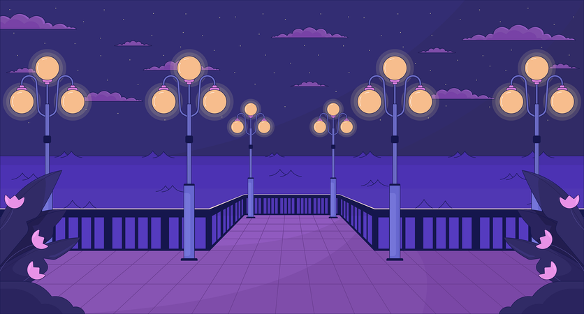 Night waterfront with streetlights  Illustration