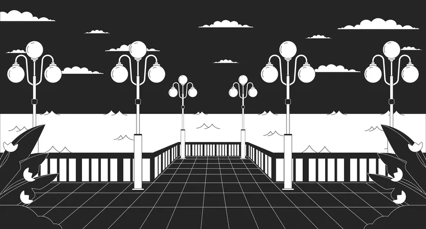 Night Waterfront With Streetlights Black And White Lo Fi Aesthetic Wallpaper Nighttime City Quay Glowing Lampposts Outline 2 D Vector Cartoon Cityscape Illustration Monochrome Lofi Background Illustration