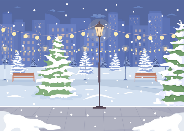 Night winter park with street light  Illustration