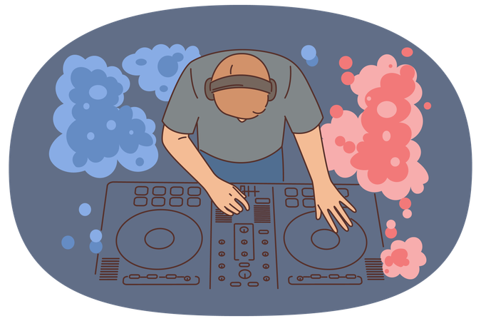 Nightclub DJ uses mixing console to play music from vinyl records to party goers  Illustration