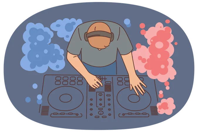 Nightclub DJ uses mixing console to play music from vinyl records to party goers  Illustration