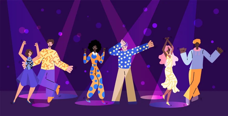 Nightclub party scene with people characters in sketch style vector illustration.  Illustration