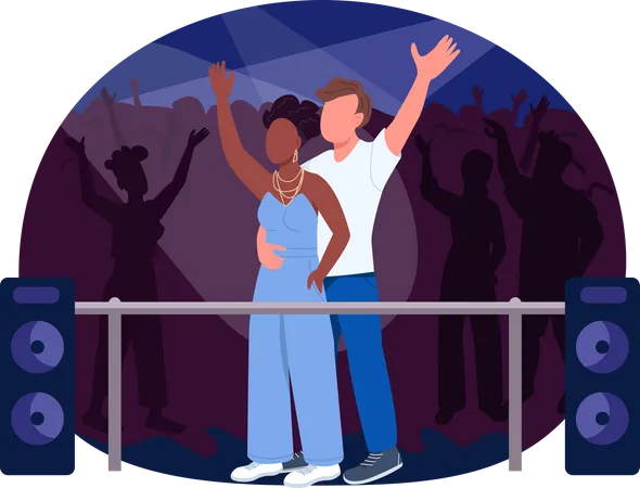Club Concert 2 D Vector Web Banner Poster Nightclub Show Man And Woman Watch Performance Interracial Couple Flat Characters On Cartoon Background Nightlife Printable Patch Colorful Web Element Illustration