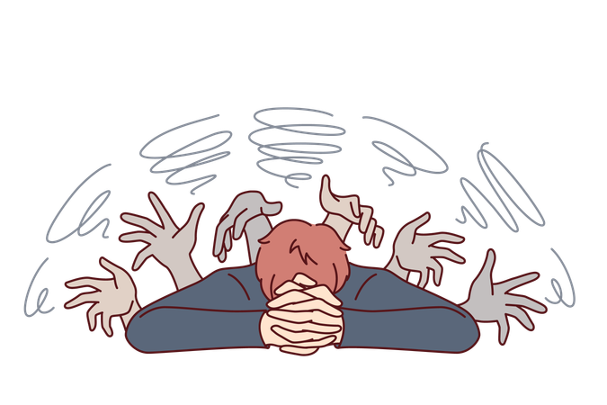 Nightmare man lying on table and seeing hallucinations with hands zombies and vampires  Illustration